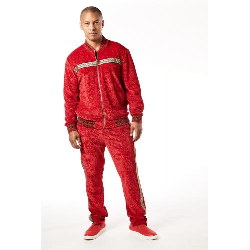 Stacy Adams Red Paisley Cotton Velour Modern Fit Tracksuit Outfit 2607